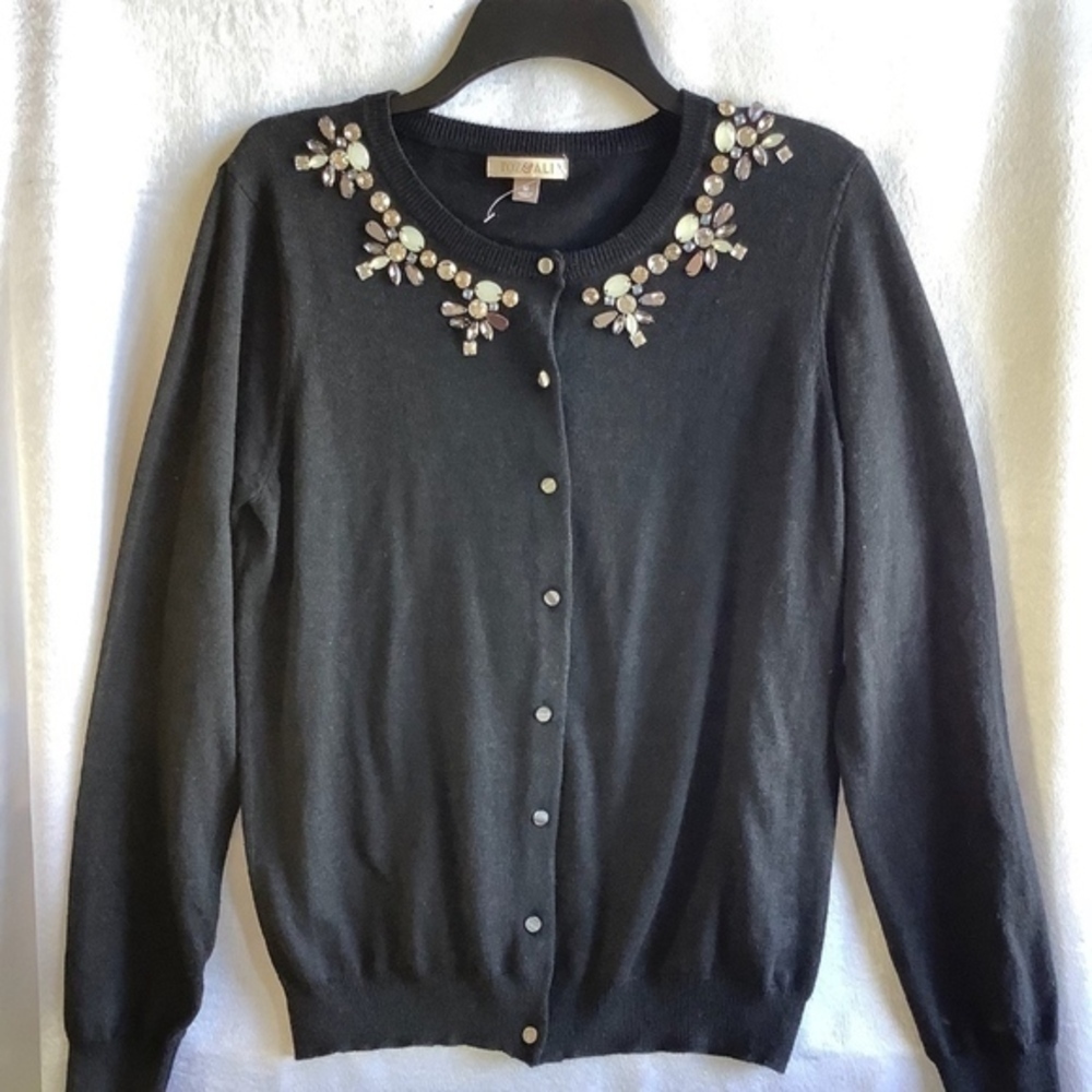 Roz and Ali Black Jeweled Neckline  Cardigan Small